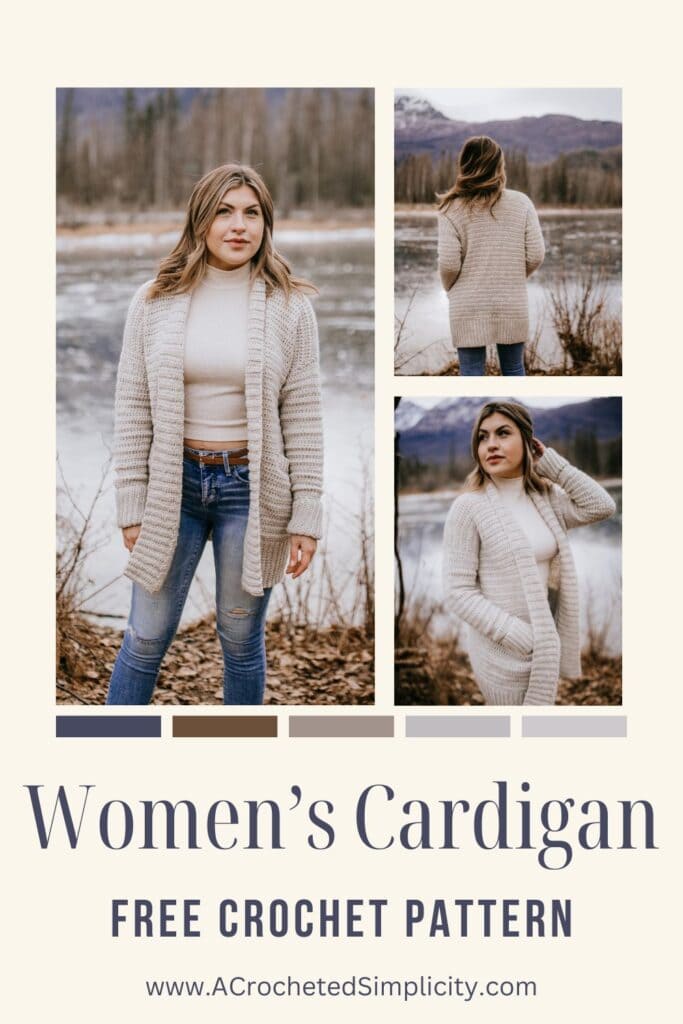 Three photos of a woman modeling an easy crochet cardigan in a graphic for pinterest.