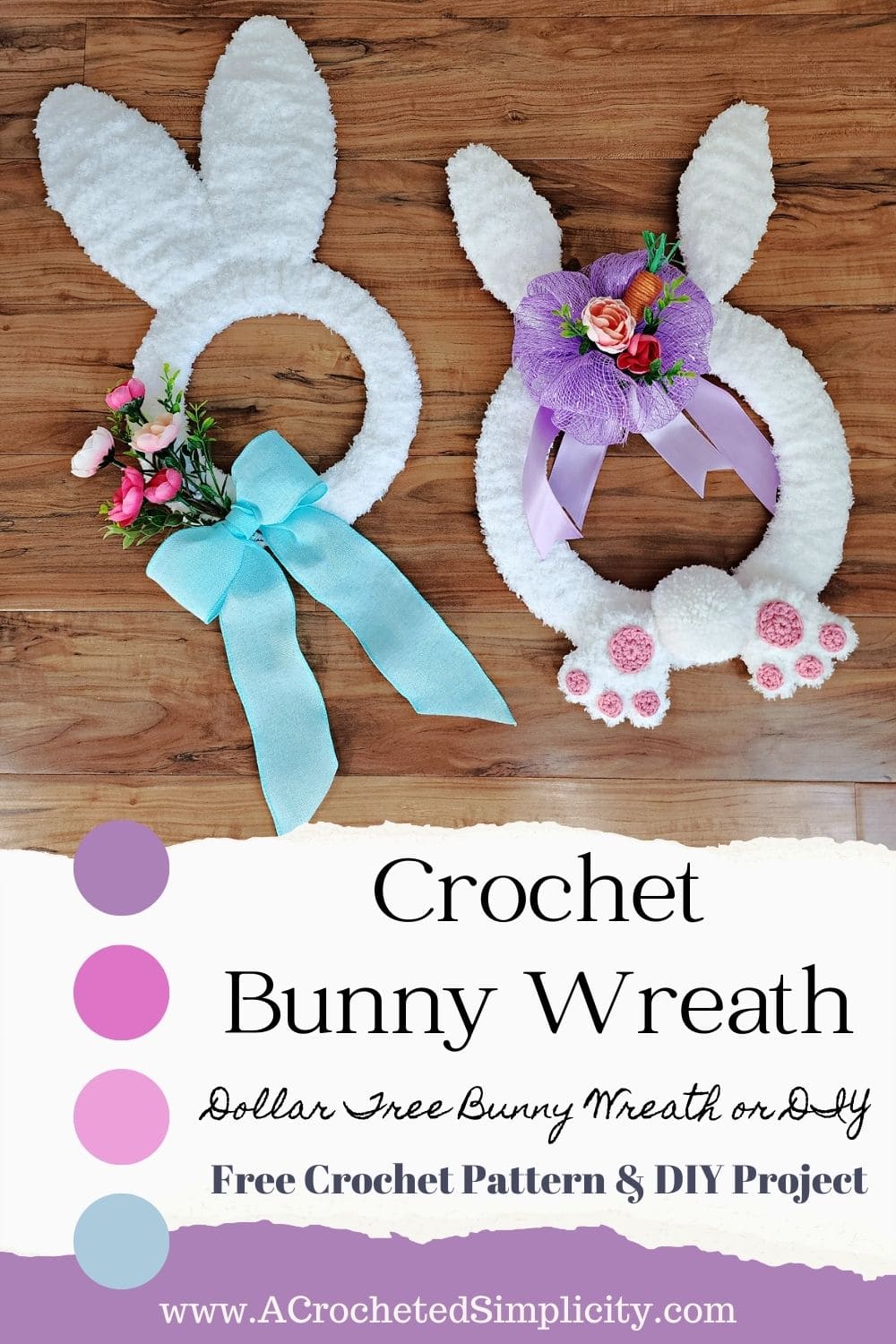 Two crochet bunny wreaths laying on wood floor.