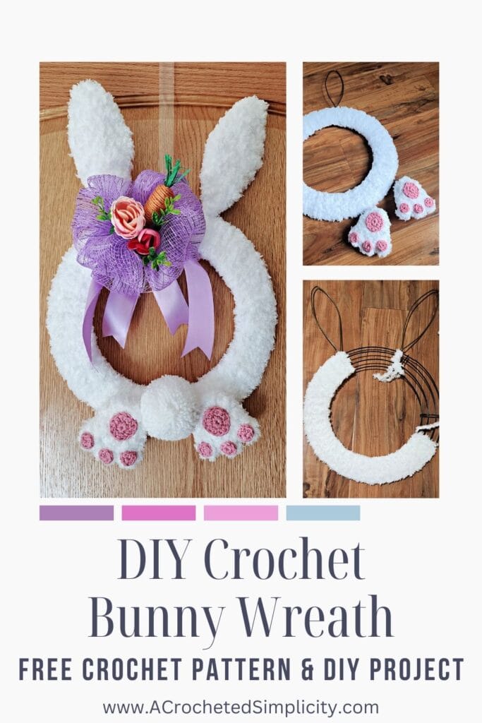 Crochet bunny wreath with a bunny butt and purple bow.