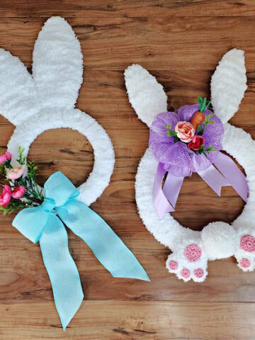 Dollar Tree Easter Bunny wreath and DIY Easter Bunny Wreath both made with bulky yarn and embellishments.