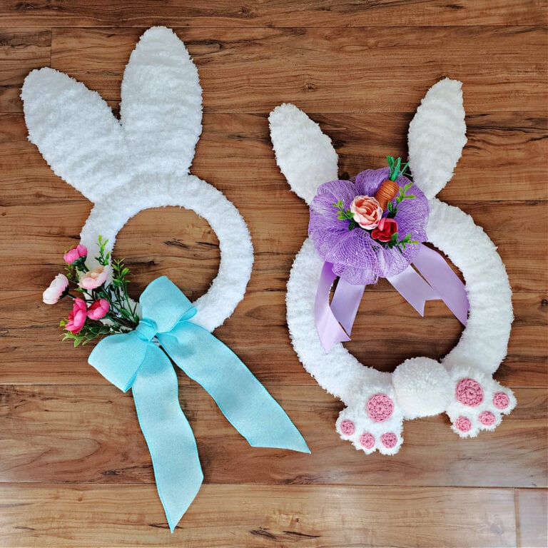 Dollar Tree Easter Bunny wreath and DIY Easter Bunny Wreath both made with bulky yarn and embellishments.