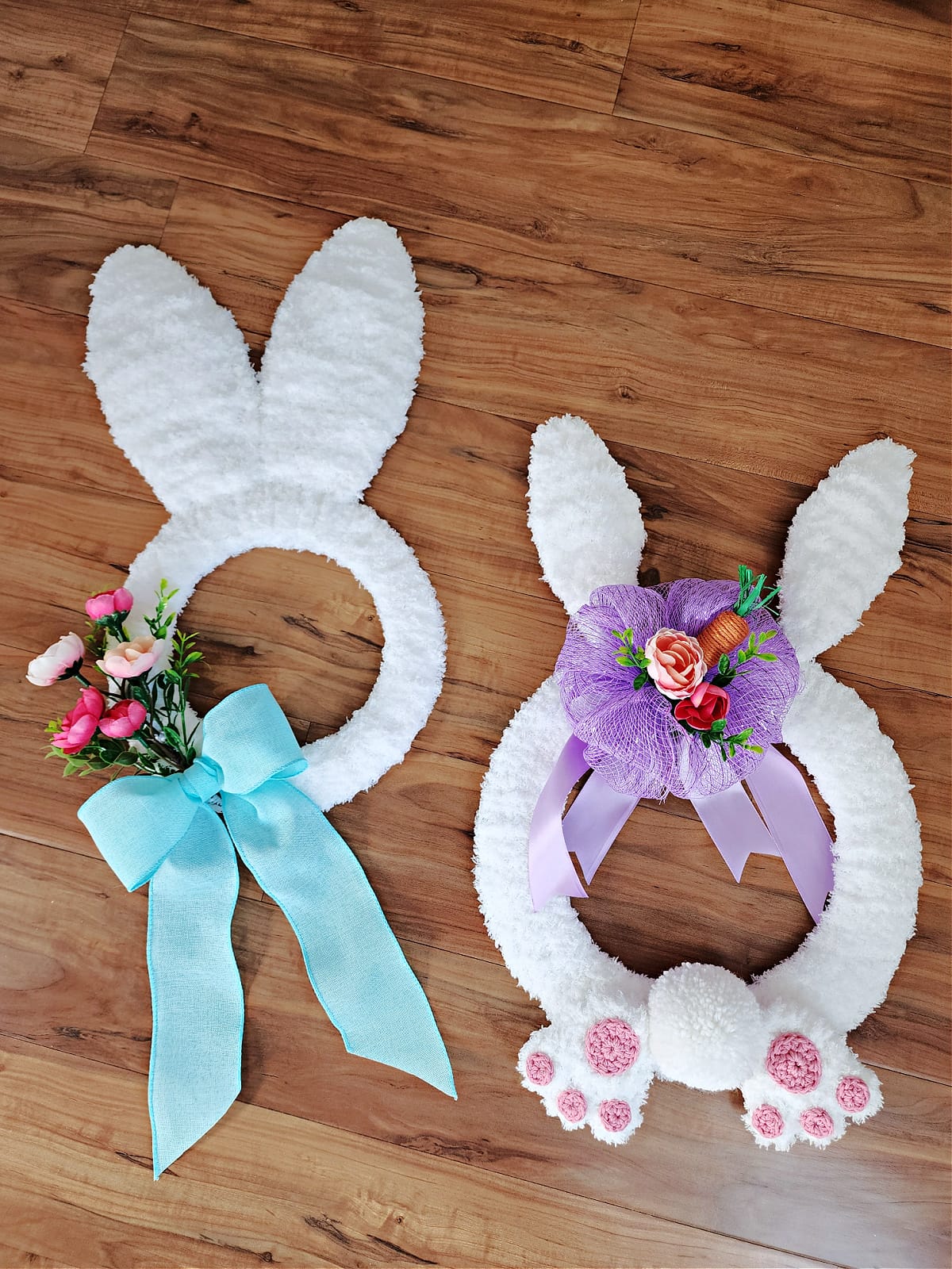 Two embellished crochet bunny wreaths.