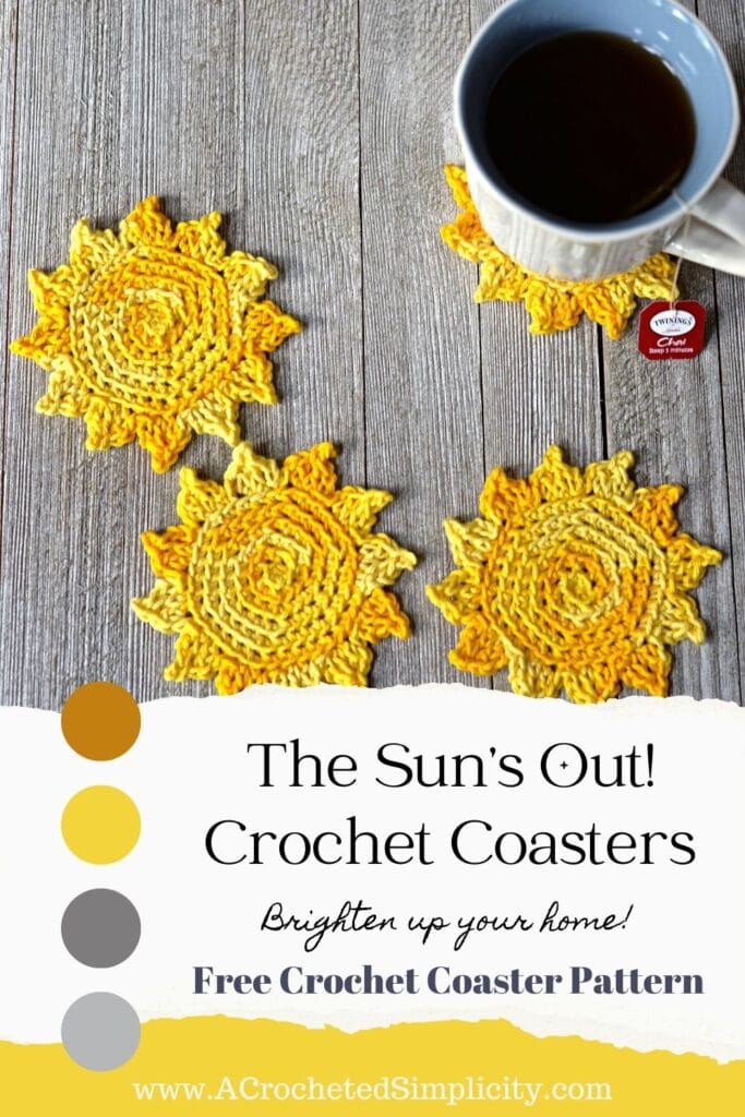 Top view of four sun shaped crochet drink coasters.