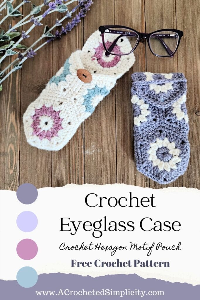 Glasses laying on cream, pink, and aqua crochet eyeglass case.
