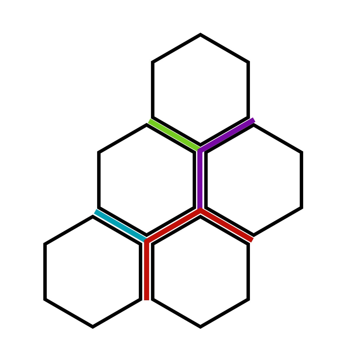 Black and white crochet hexagon diagram with colored lines for connecting the hexagons.