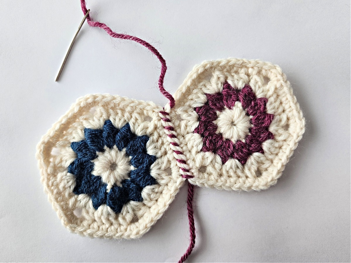 Two crochet hexagons seamed with a crochet whipstitch.