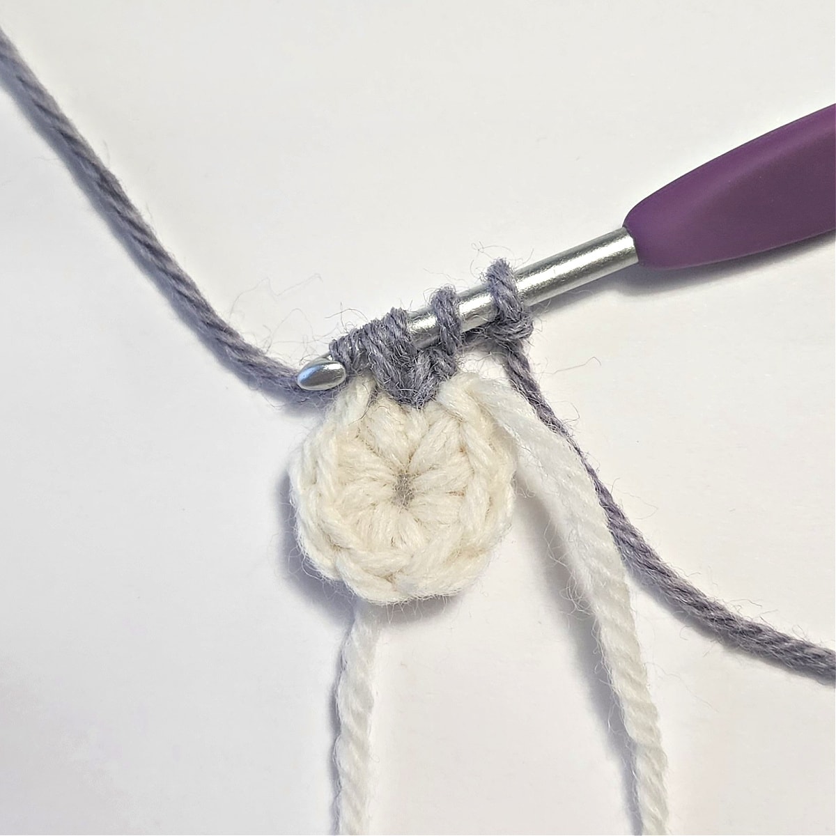 Small white crochet circle with a partial double crochet cluster.