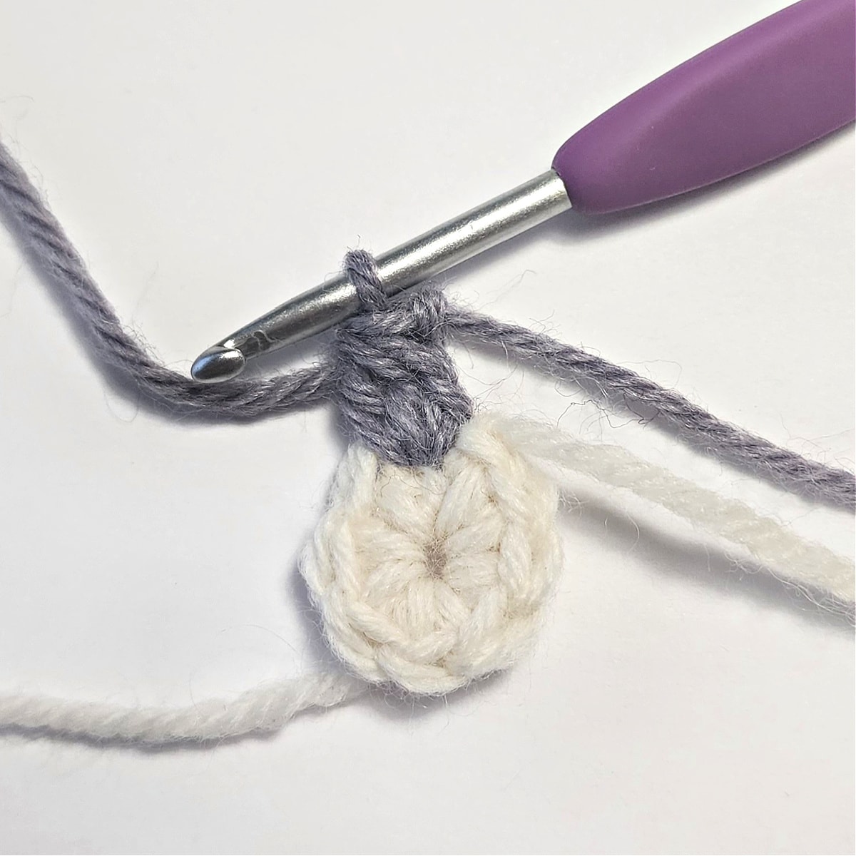 Purple double crochet cluster stitch worked onto a white crochet circle.