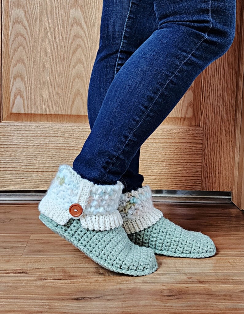 Crochet slipper boots with mini-bean stitch cuff and button.