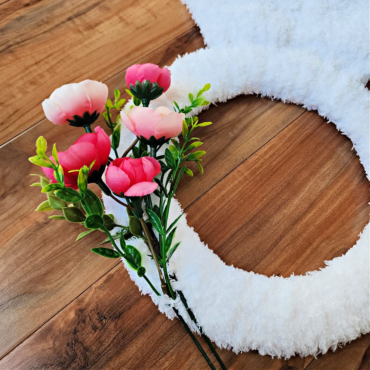 Flowers attached to DIY bunny wreath.