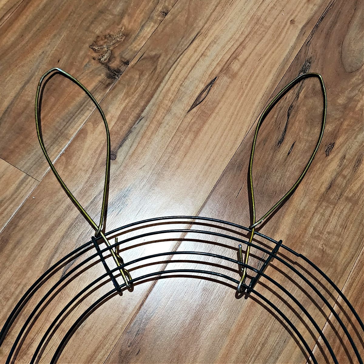 Both coat hanger bunny ears attached to round wreath frame.