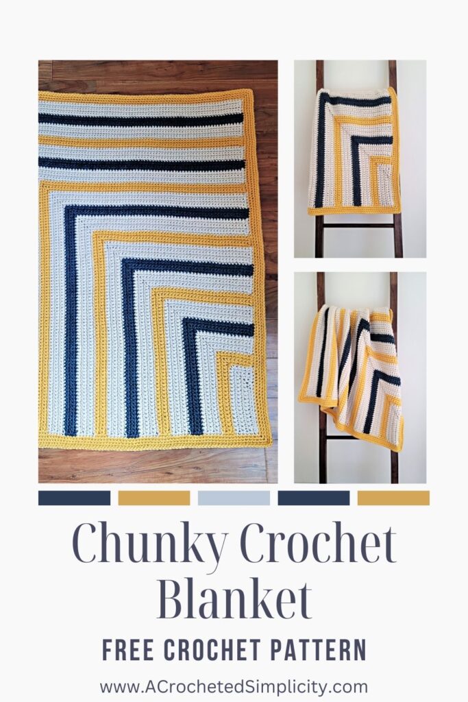 Three views of a striped chunky crochet blanket.