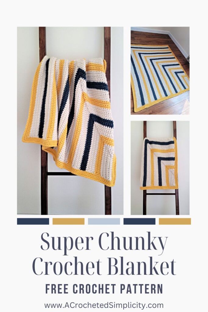A yellow, cream, and navy blue striped chunky crochet blanket hanging on a blanket ladder.