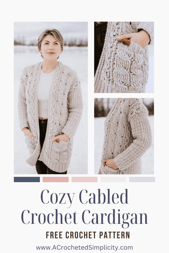 Woman modeling beige cable sweater with close up of pockets.