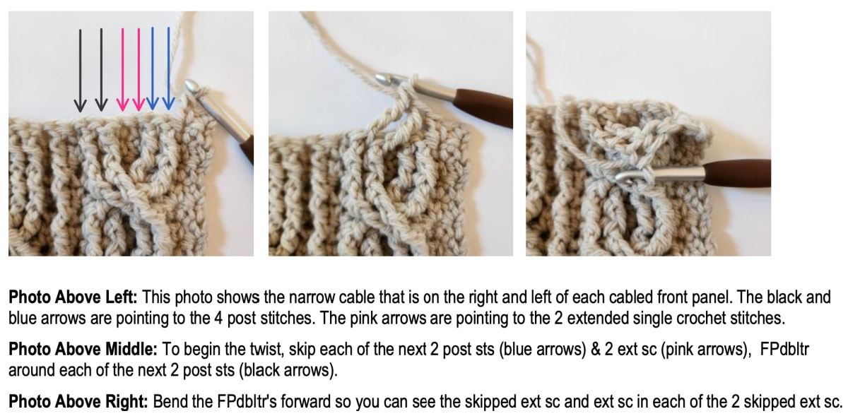Narrow crochet cable stitch tutorial 1.