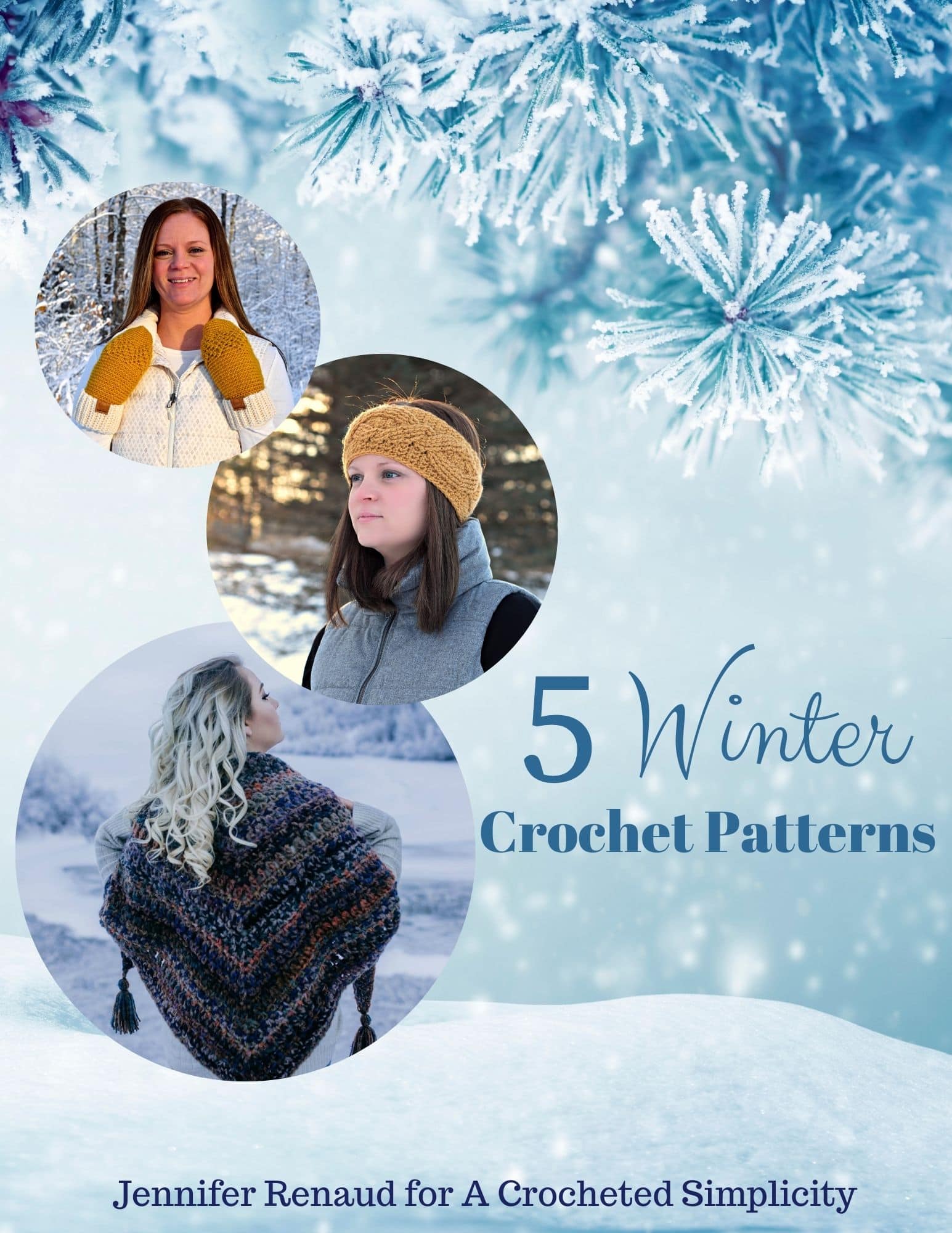Blue and white wintery cover for a five winter crochet patterns free ebook.