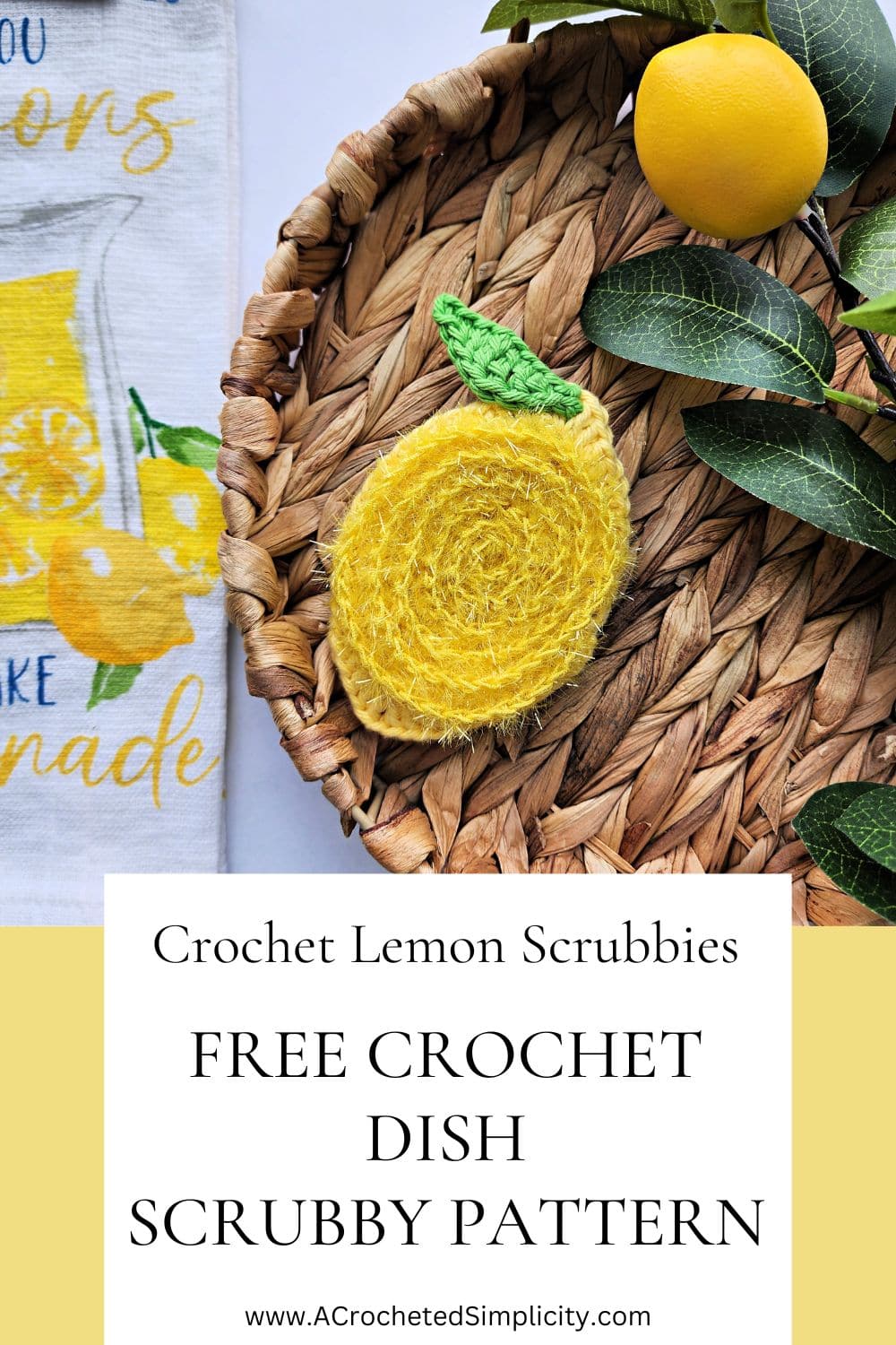 Lemon crochet dish scrubby laying on a hibiscus tray next to a lemon decor hand towel.
