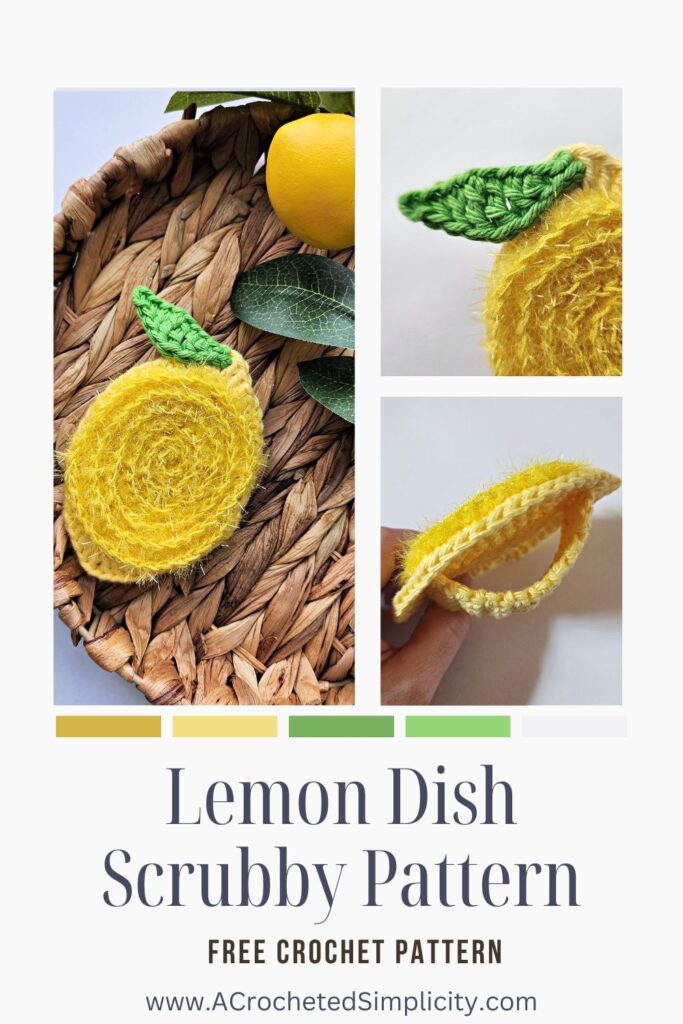 Crochet lemon pot scrubber showing three different views.
