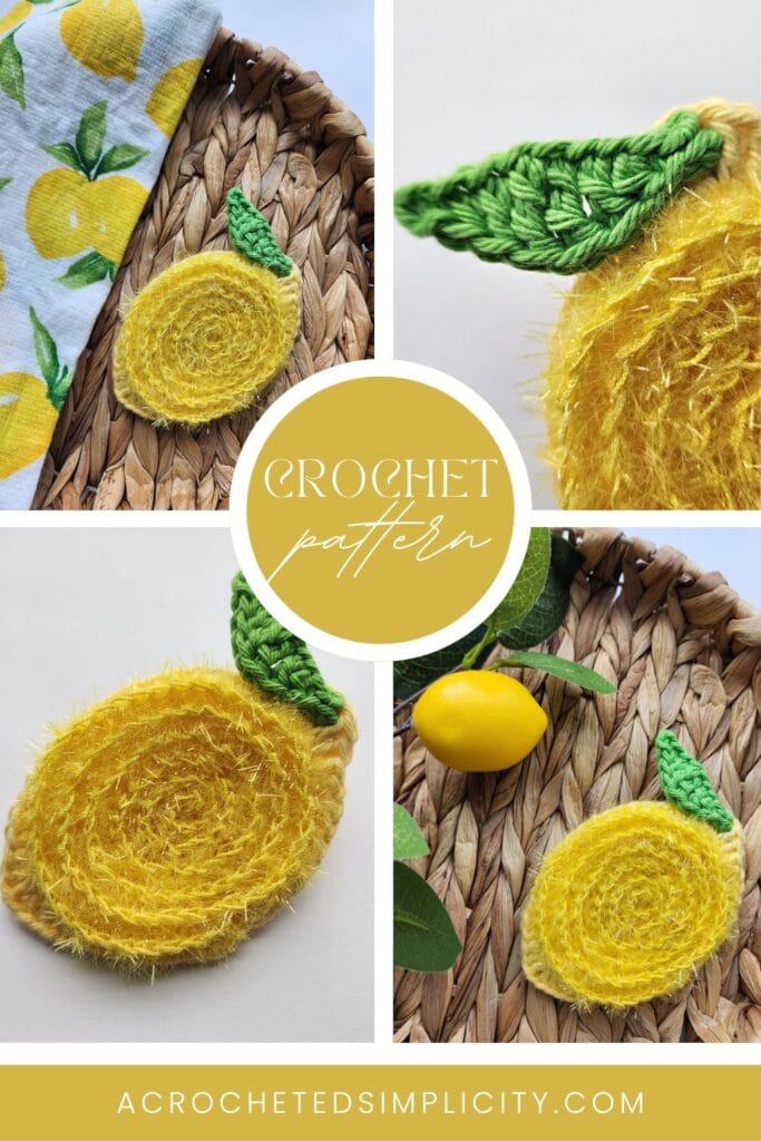 Lemon crochet dish scrubby collage of different views.