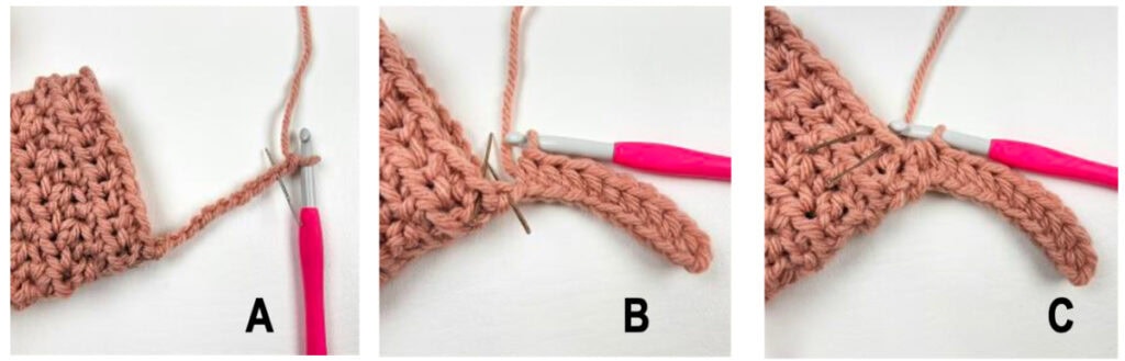 Crochet cuff ribbing tutorial showing how to work directly on the sleeve opening.