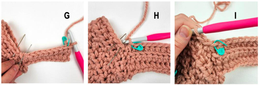 A few rows of crochet cuff ribbing worked in pink.
