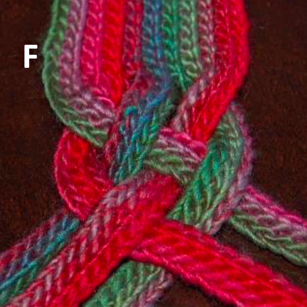 A braid is forming by pleating different crochet strands together.