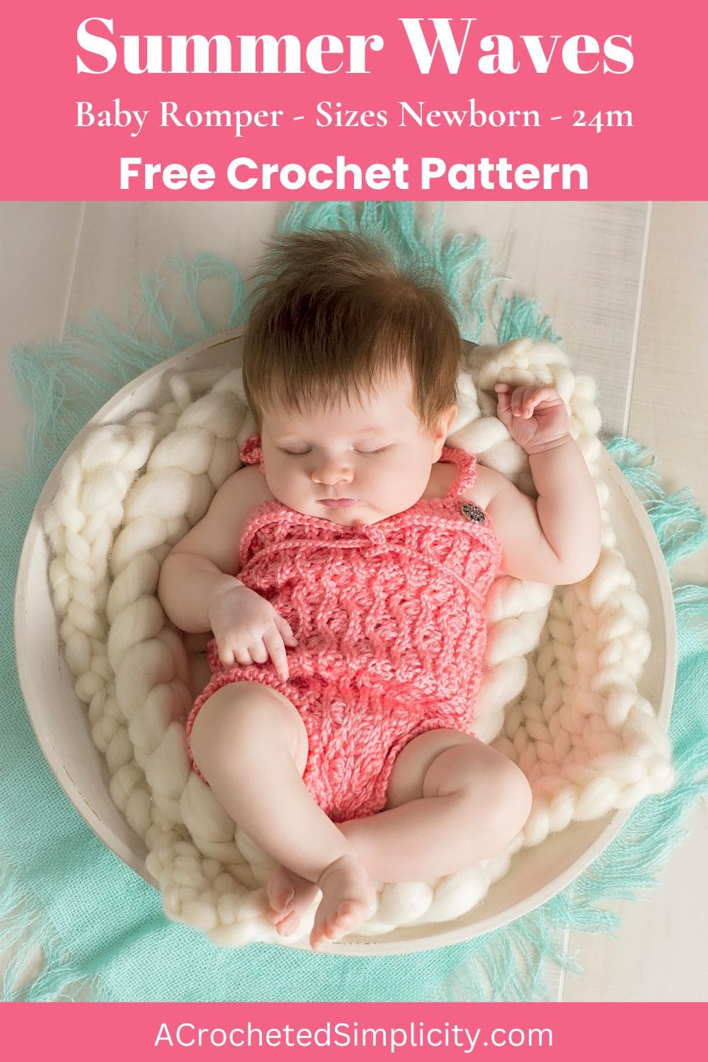 Baby in a basket wearing a pink crochet romper.