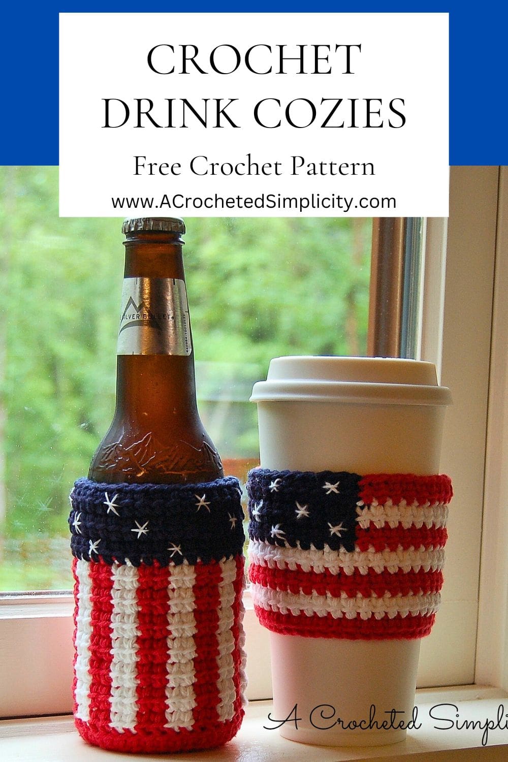 An American flag crochet drink cozy and coffee sleeve sitting in window.