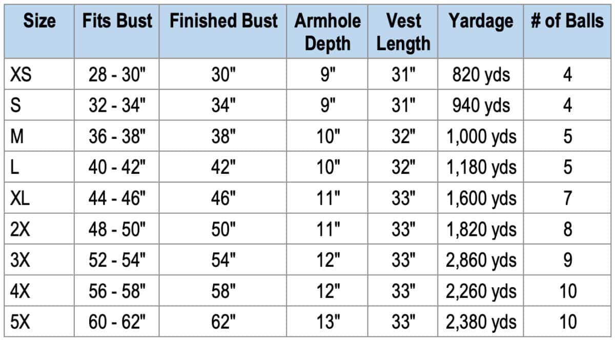 Crochet summer vest size chart.
