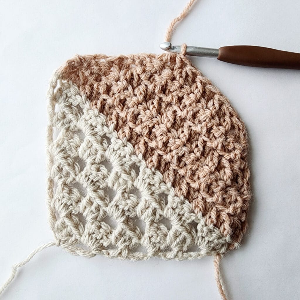 Fifth row of decrease of a crochet granny square motif.