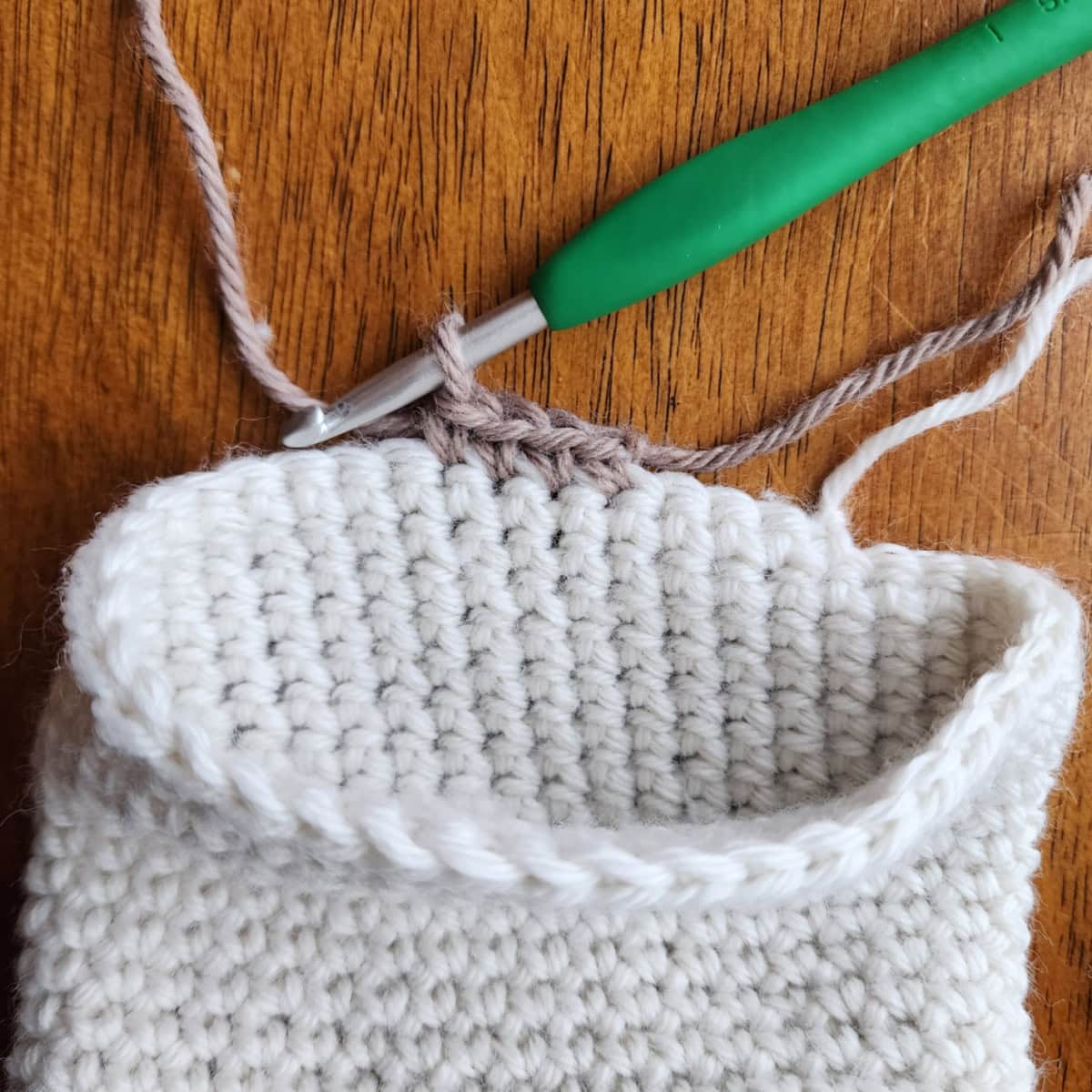 Beginning the decorative cuff of the crochet slipper boot.