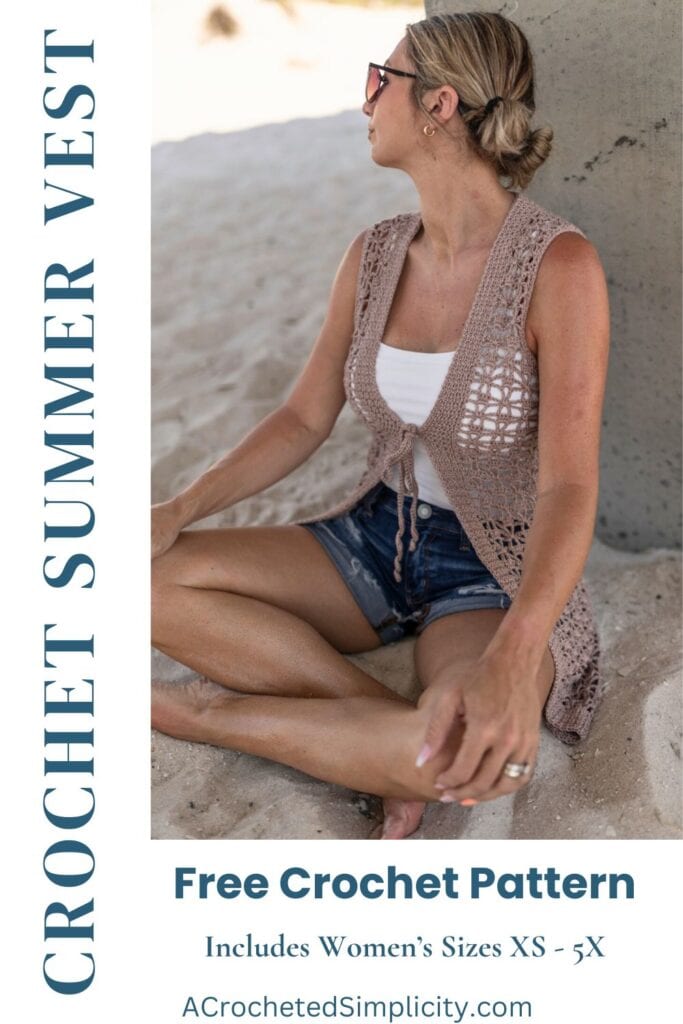 Woman wearing a summer crochet vest with blue jean shorts and a white cami.