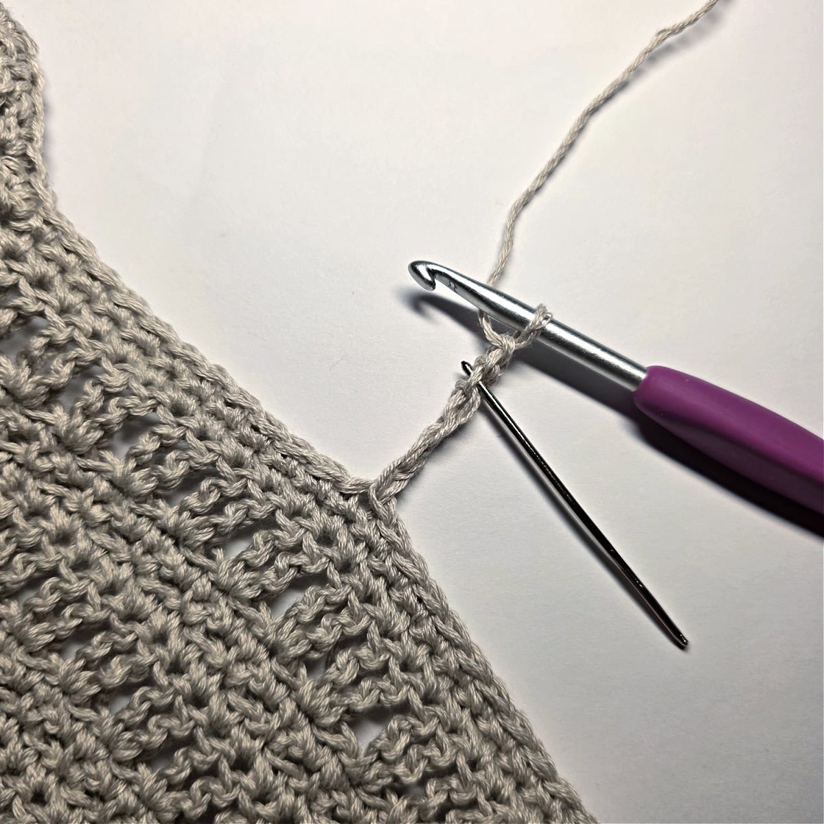 Row 1 of the Neck Ribbing of the crochet tank top.