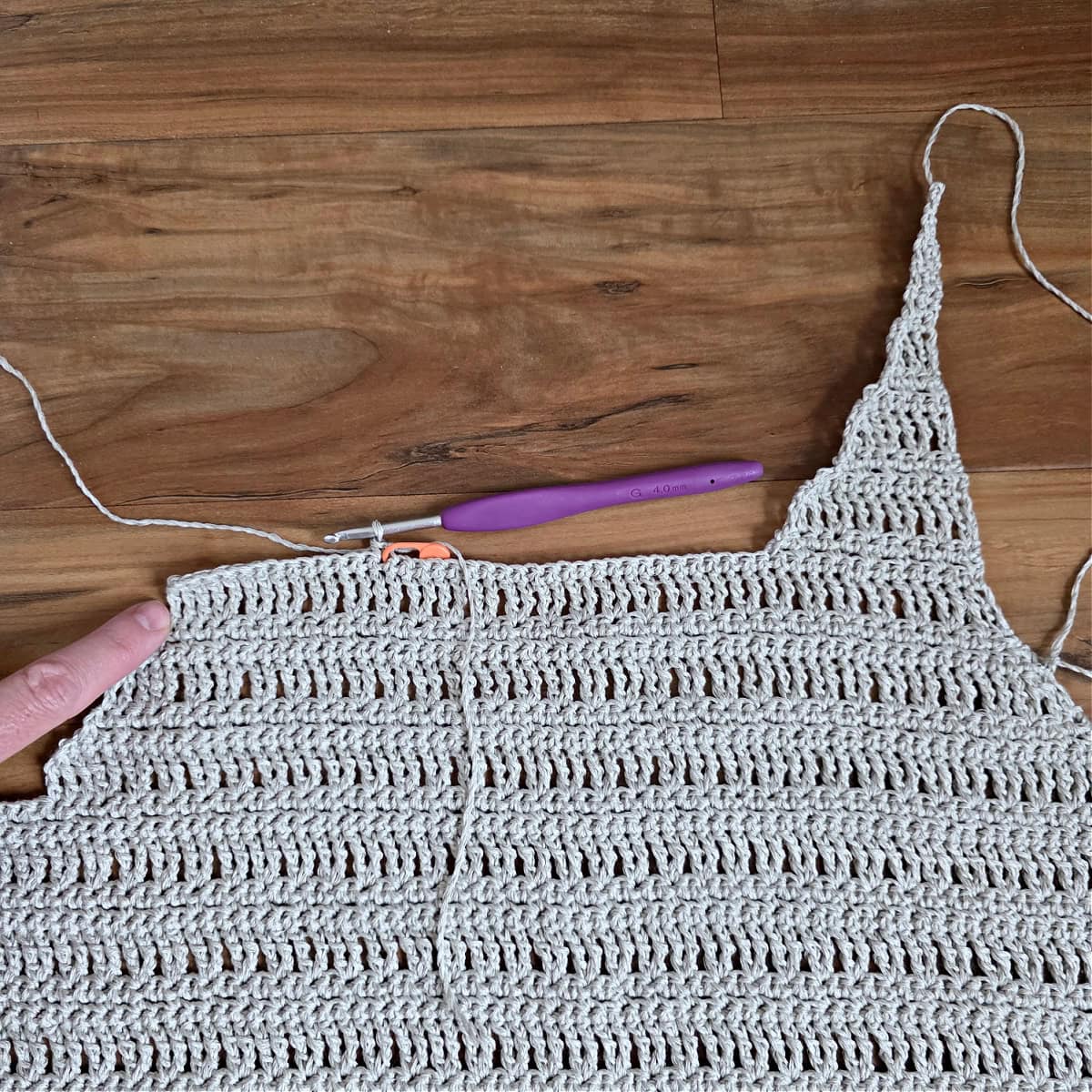 Yarn joined to begin the Left Shoulder of crochet tank.