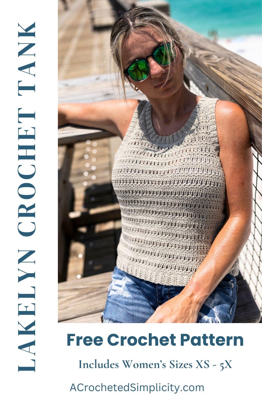 Woman sitting on a wooden bench at the beach wearing sunglasses and a crochet tank top.