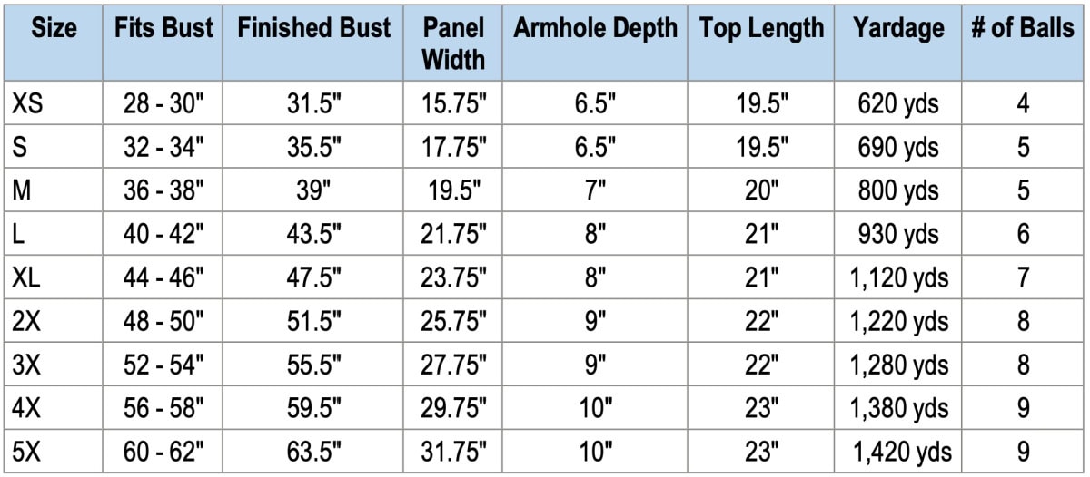 Crochet tank size chart.