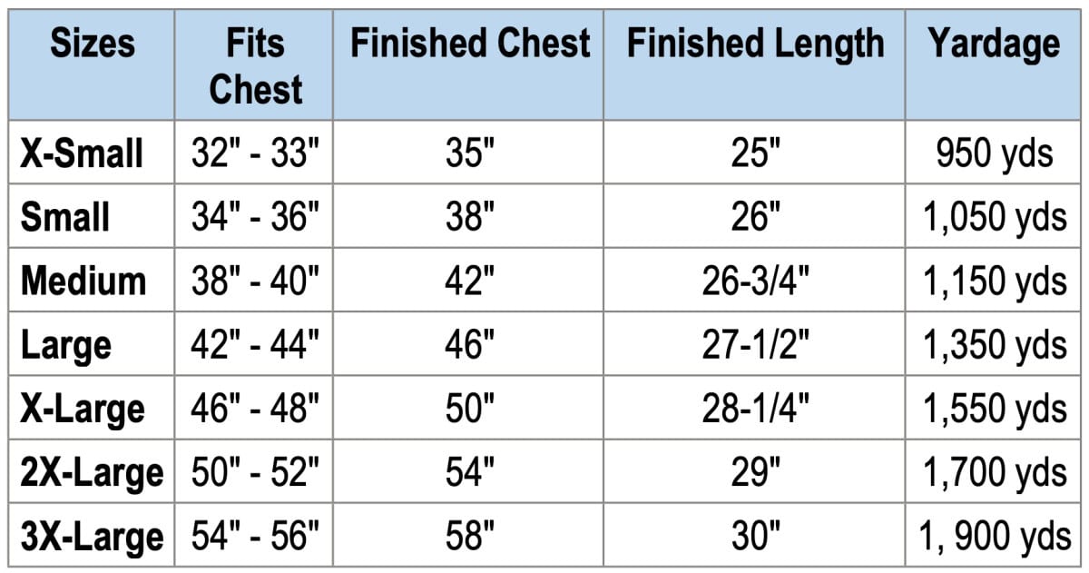 Crochet vest size chart.
