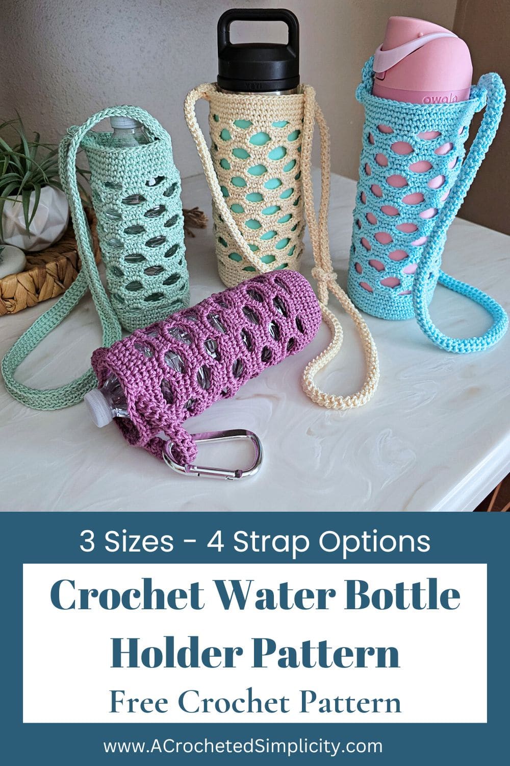 Green, purple, off-white, and blue colored crochet water bottle holders on a white counter.