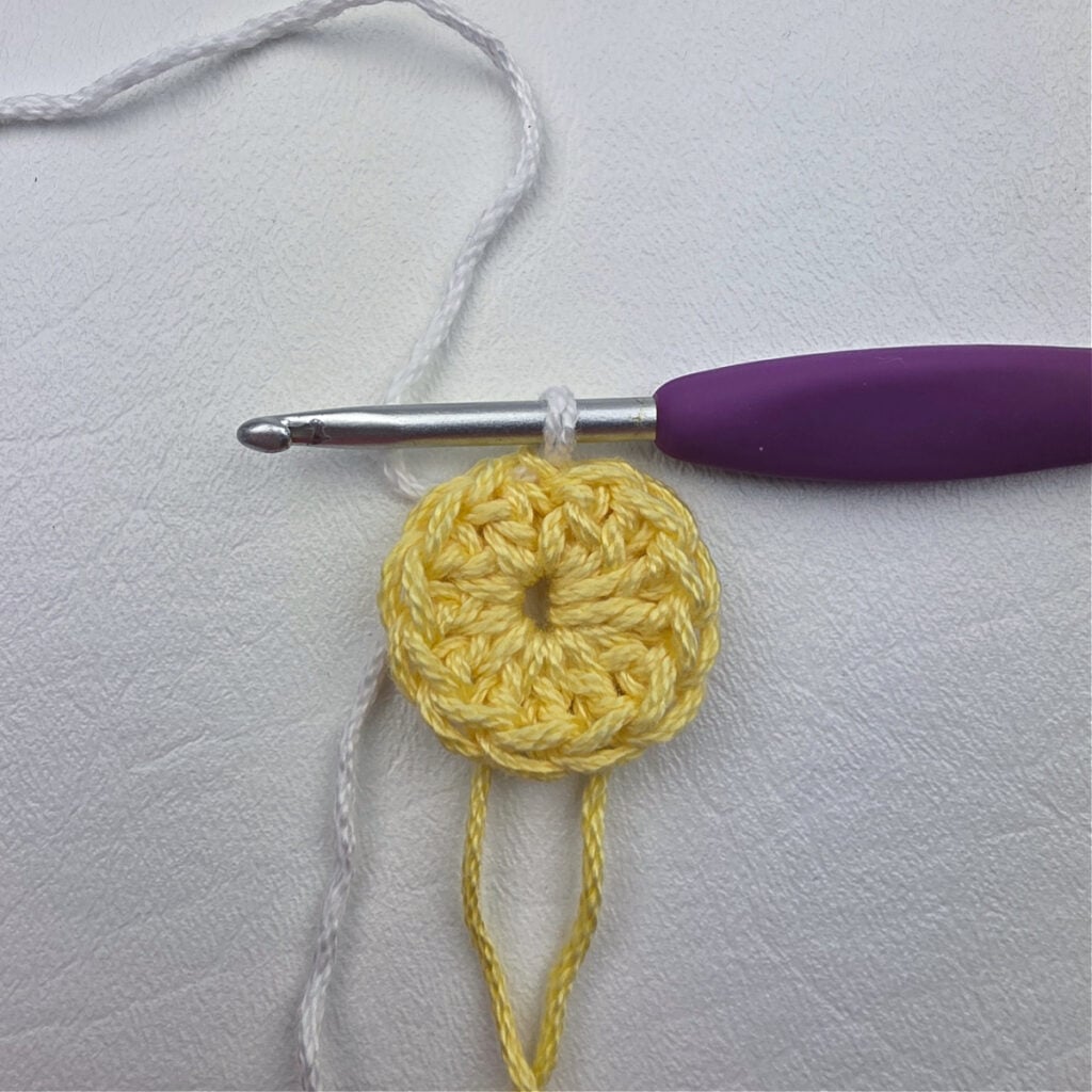 Round 1 of the crochet daisy granny square.