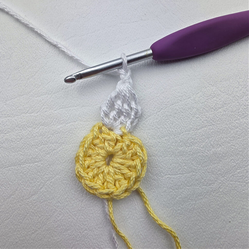 Round 2 of the crochet daisy granny square.