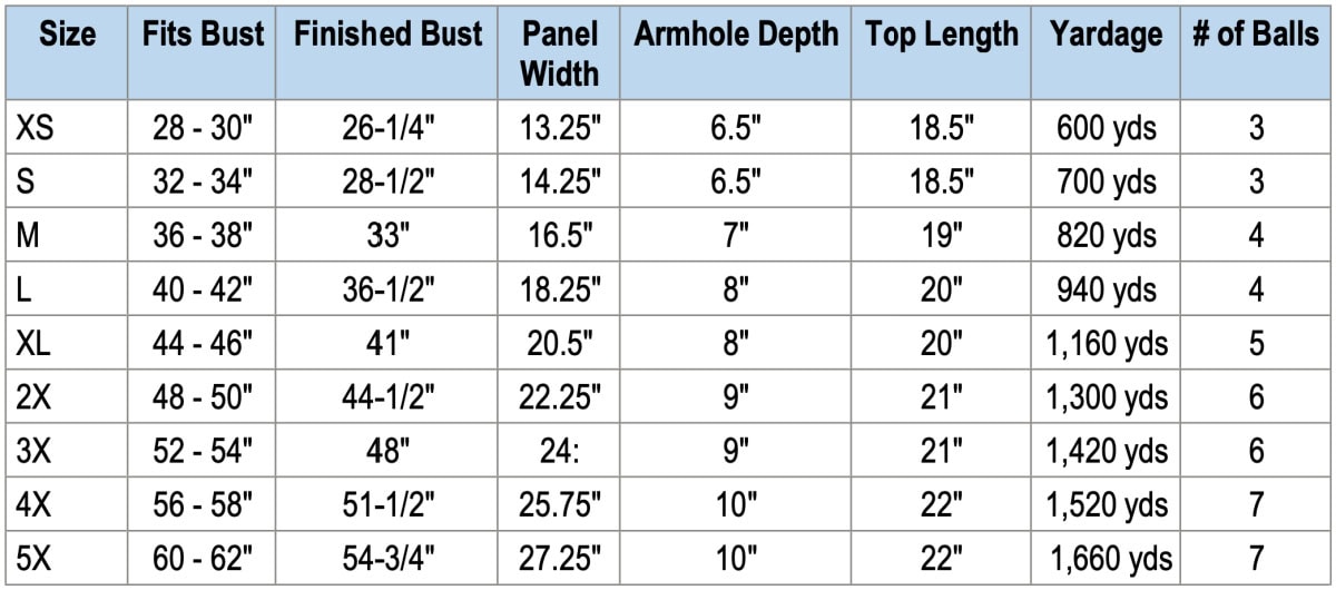 Suvi Crochet Tank Top Size Chart.