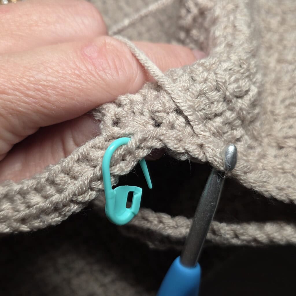 Row 2 of the cuff ribbing for the crochet sweater.