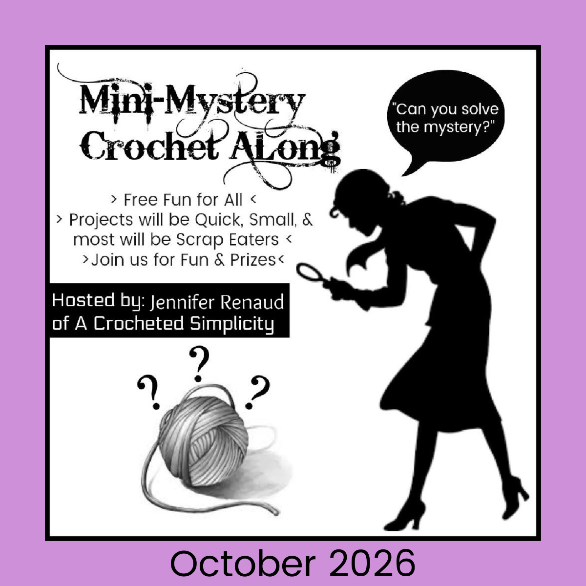 Mini mystery crochet along graphic for October 2026.