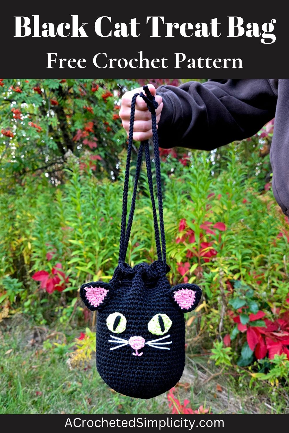 A person standing outside holding a crochet black cat drawstring treat bag.
