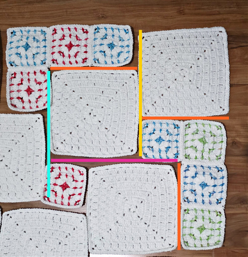 Different sizes of crochet block stitch granny squares laid out in a blanket format.