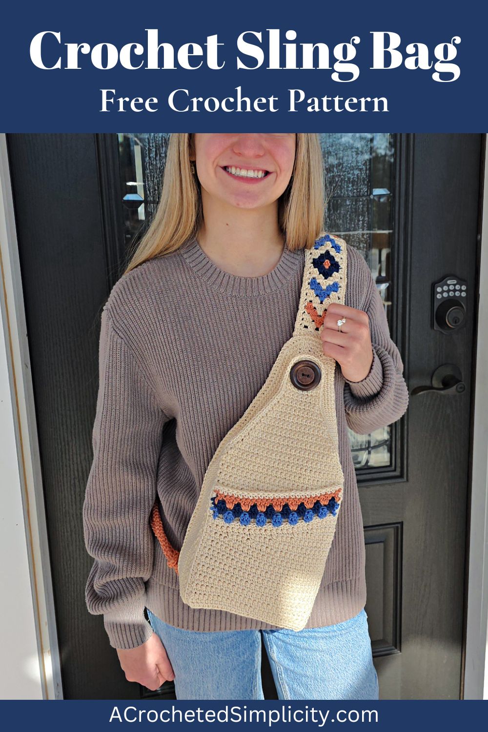 Girl in a brown pullover with a boho crochet sling bag over her shoulder standing next to a door.