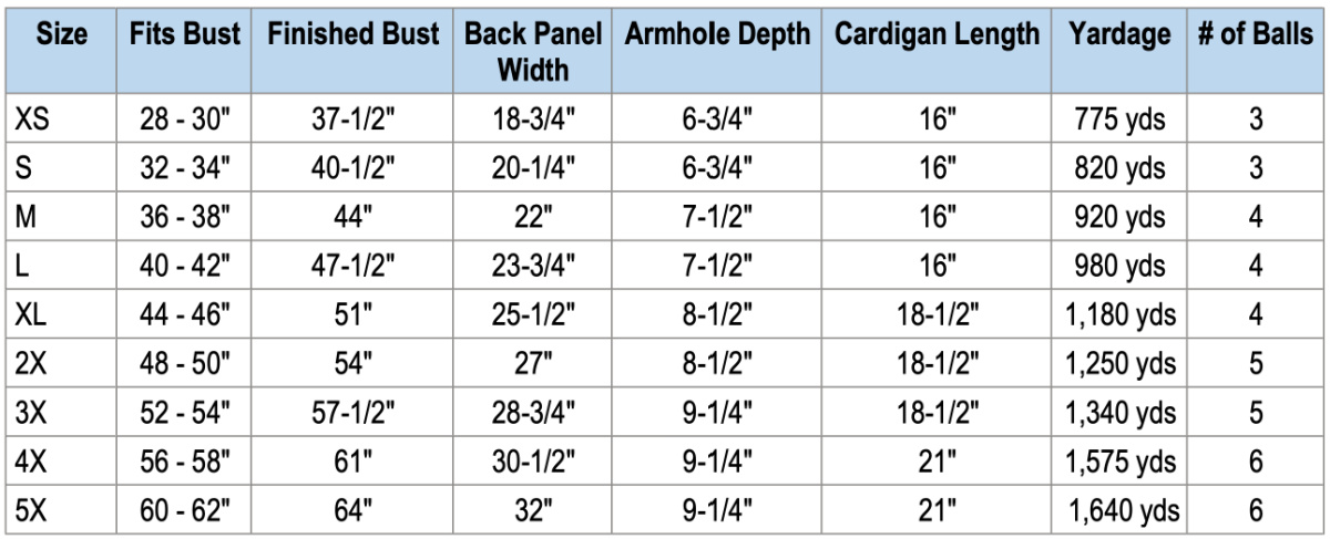 Capucine Cropped Crochet Cardigan Size Chart.