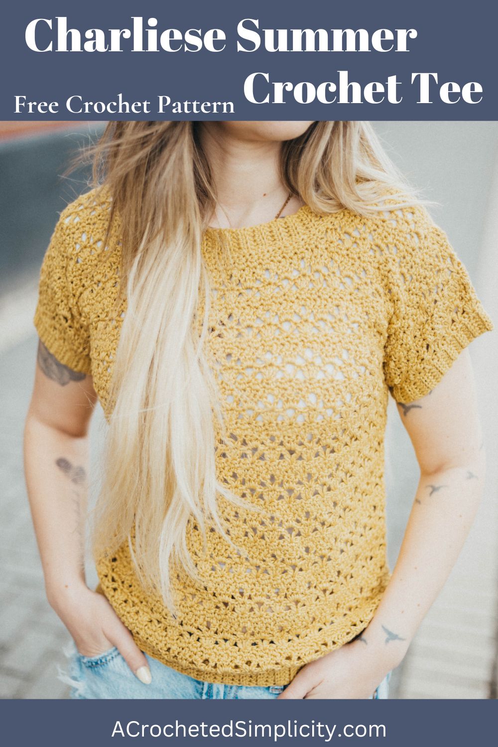 Girl wearing a summer crochet tee with blue jeans and her hands tucked in her pockets.