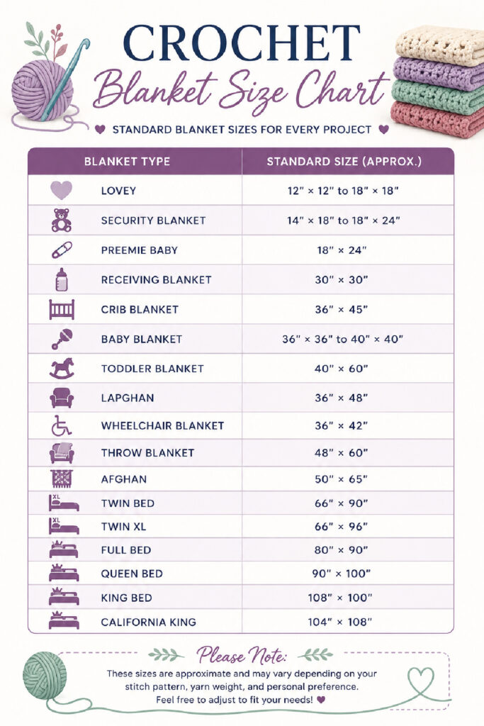 A crochet blanket sizes chart that has an option to print as a PDF.