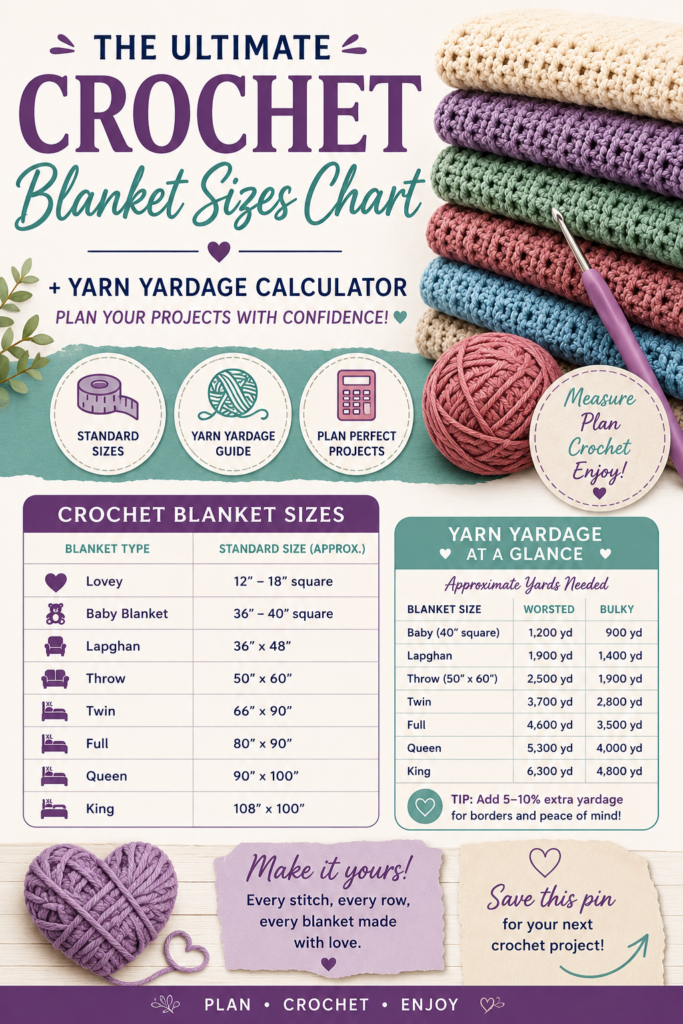 An image to share the crochet blanket sizes chart on Pinterest.